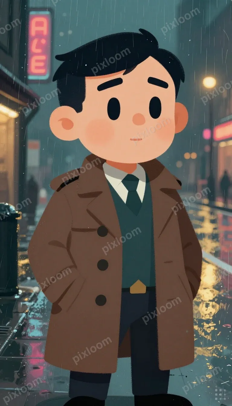 Pulp comic noir scene — detective in trench coat on a rain-s