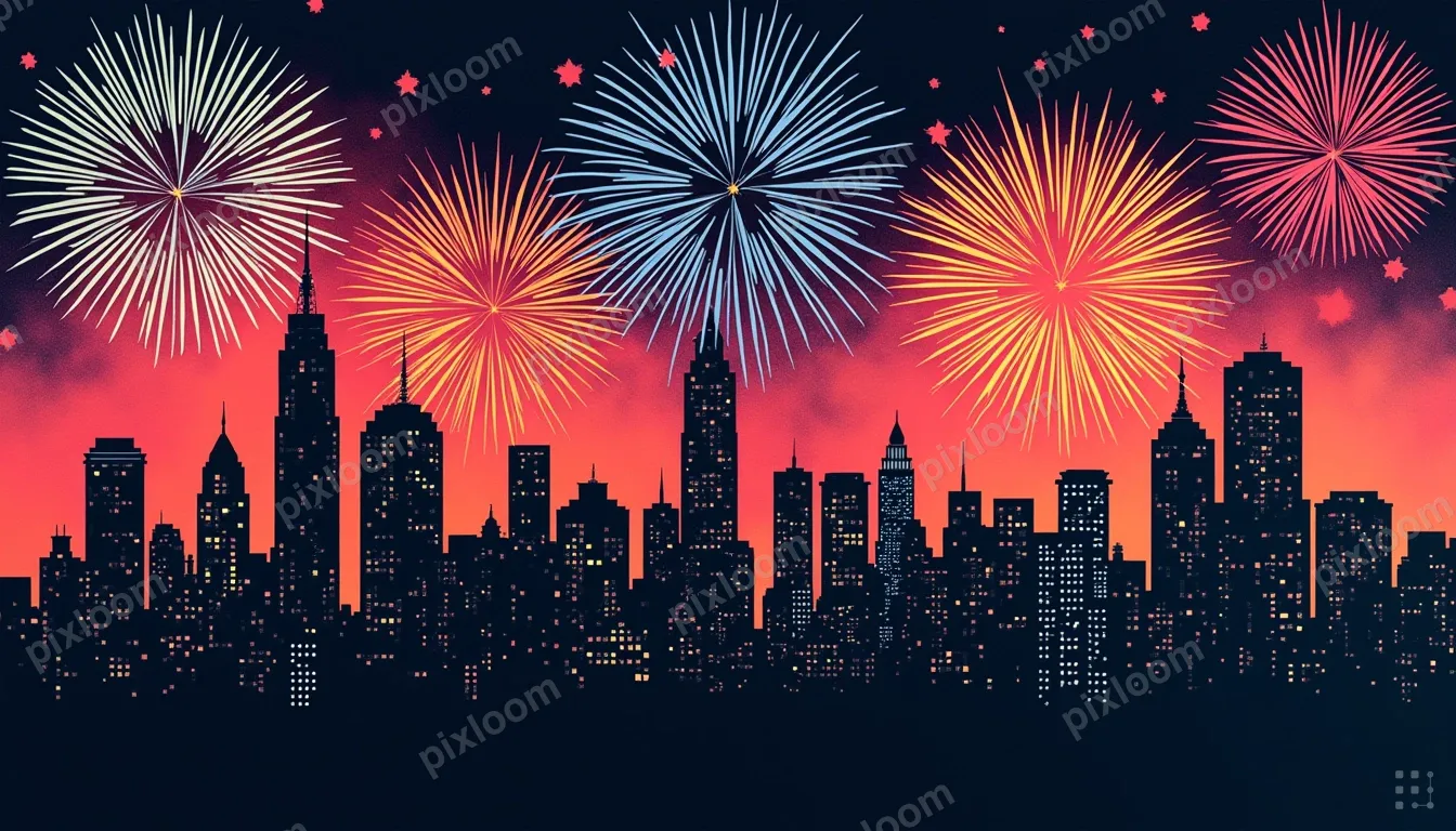 Pop art fireworks display over city skyline, bold neon burst