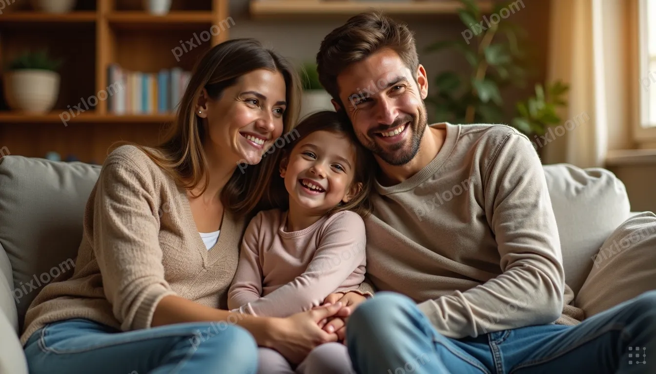 A mother, father, and young daughter sit close together on a