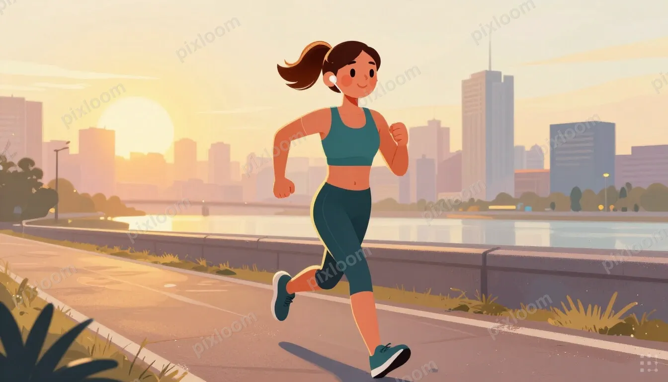 Athletic woman running along a city trail at sunrise, wearin