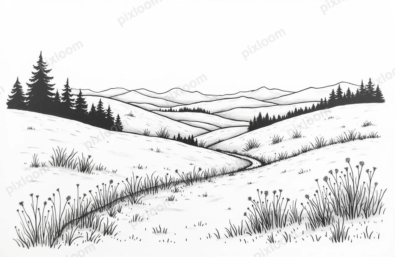 Line drawing of rolling hills with wildflowers, a winding pa