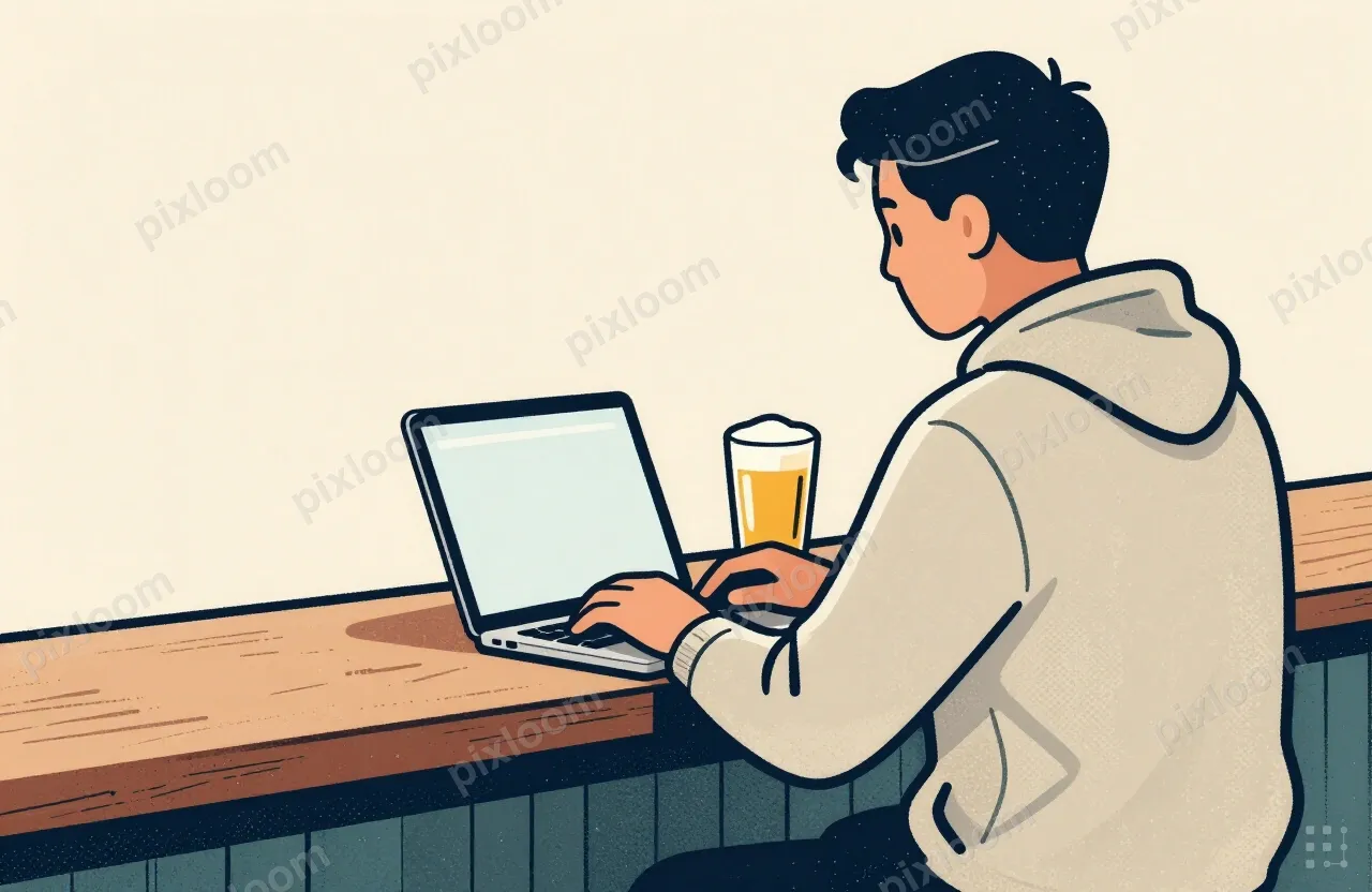A man in a casual hoodie, seen from behind, seated at a café