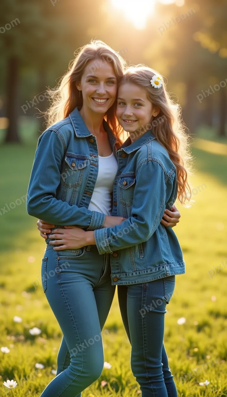 A mom and daughter sit close on the grass in a park. The fro
