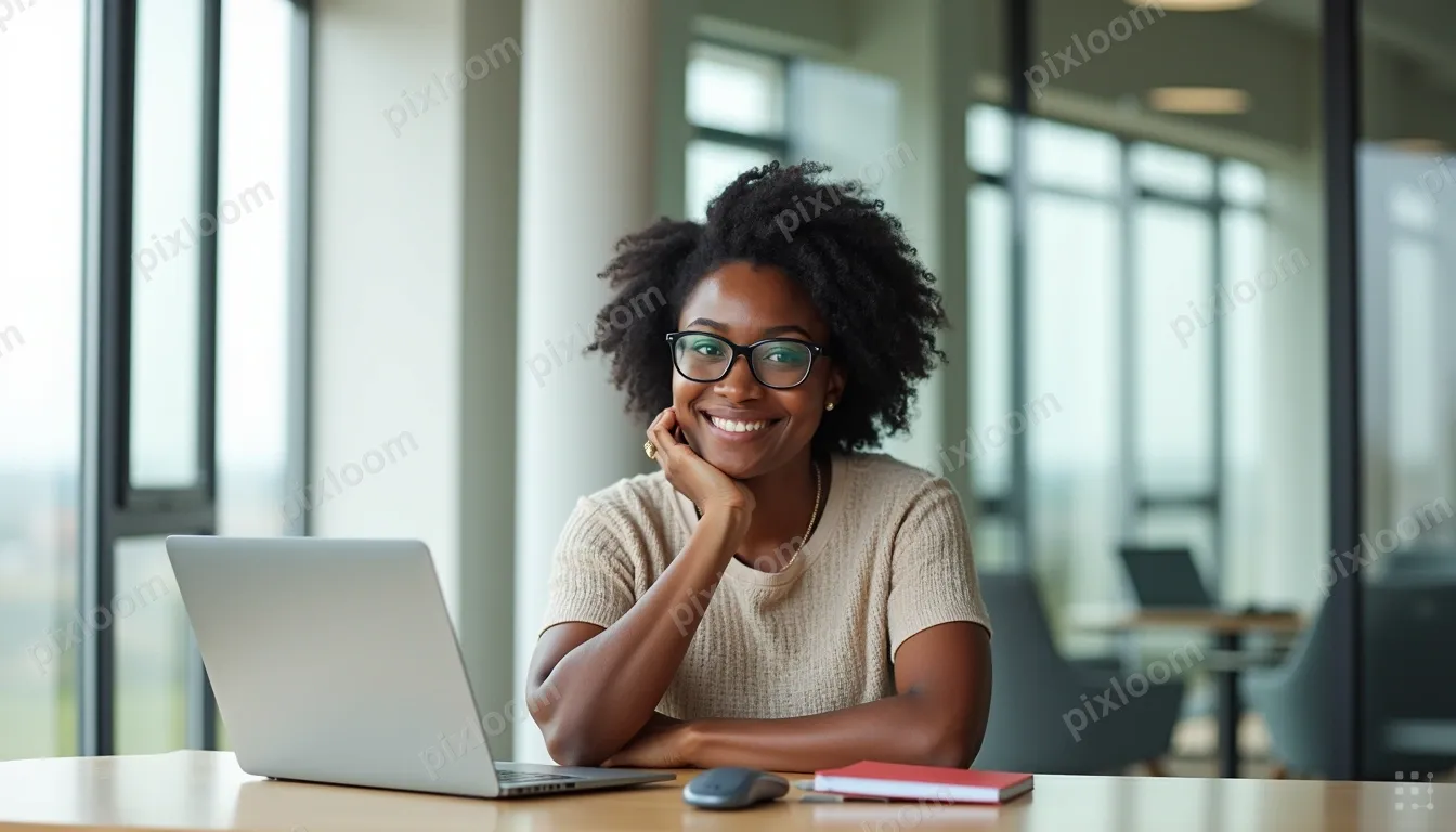 Smiling afro american woman sits at a high desk by large win