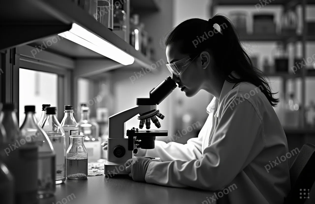 A woman in a lab coat sits at a laboratory bench, looking in