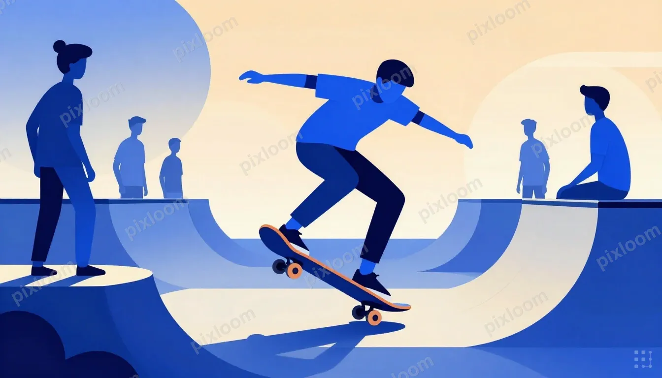 Teens skateboarding at a skatepark, one mid-trick, friends w