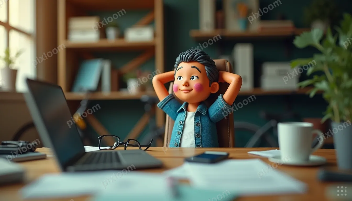 Man sits at a cluttered office desk, arms behind his head, s