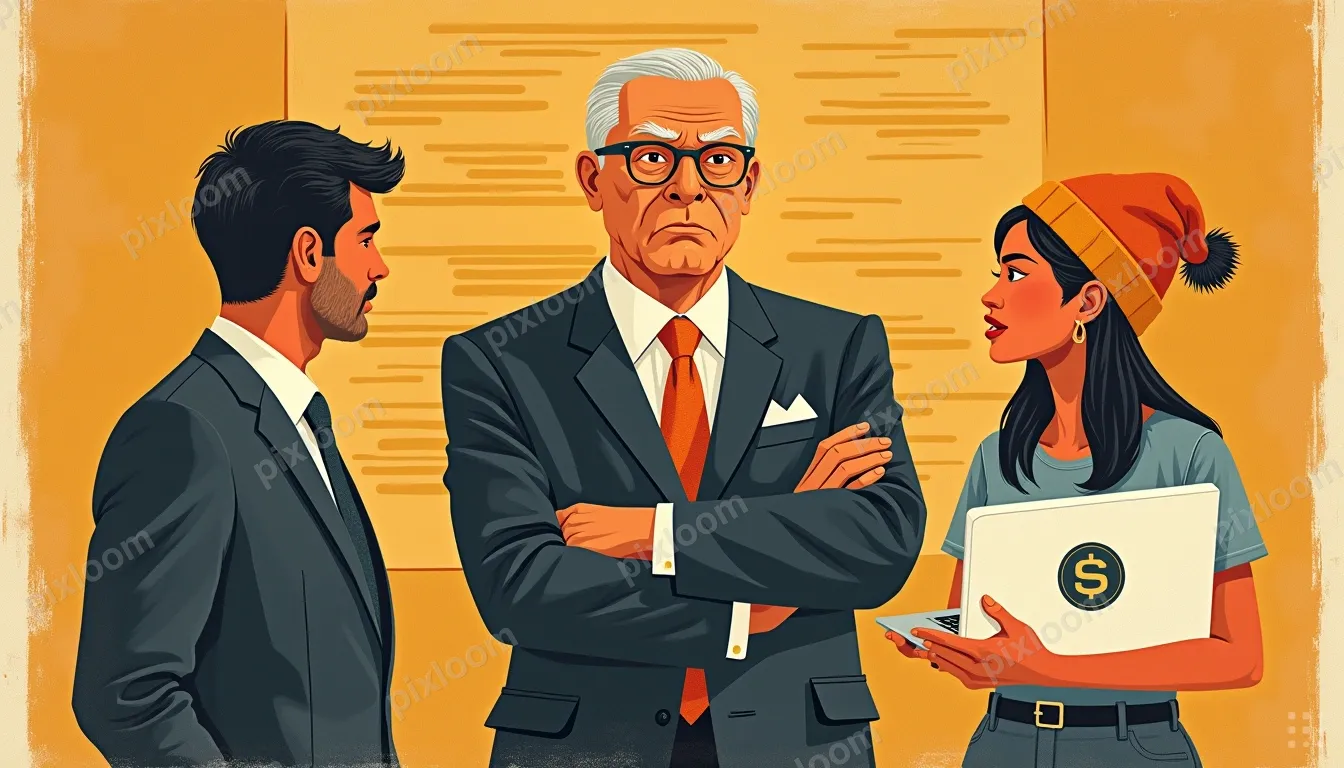 An older man in a suit stands with arms crossed and a stern 