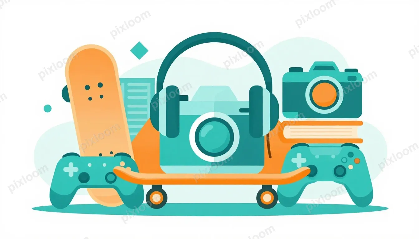 Vector flat illustration of teen activities — skateboard, he