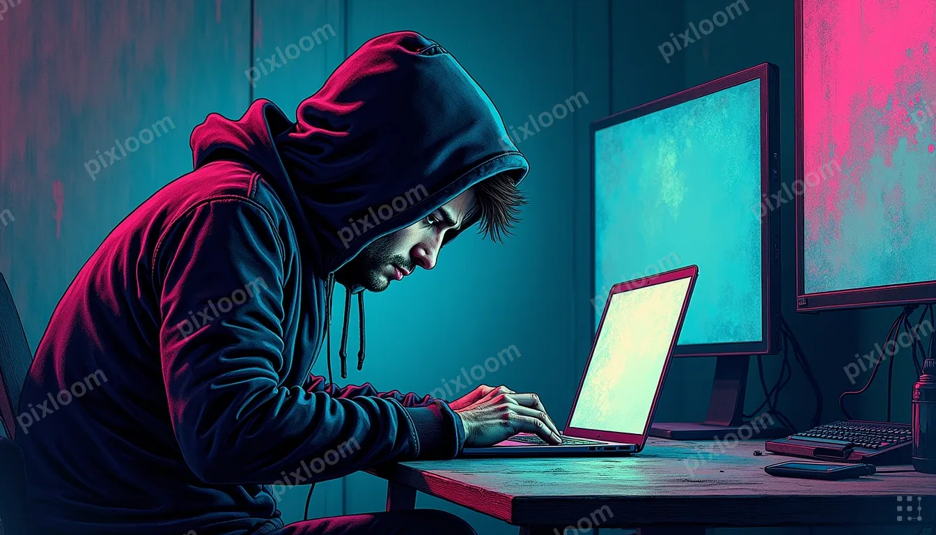 A person in a dark hoodie hunched over a glowing laptop late
