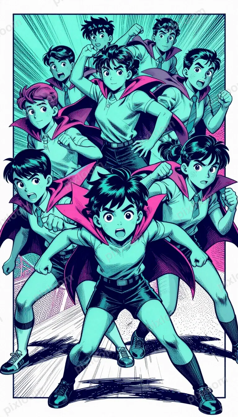Pulp comic style teen superheroes, diverse team, dynamic act