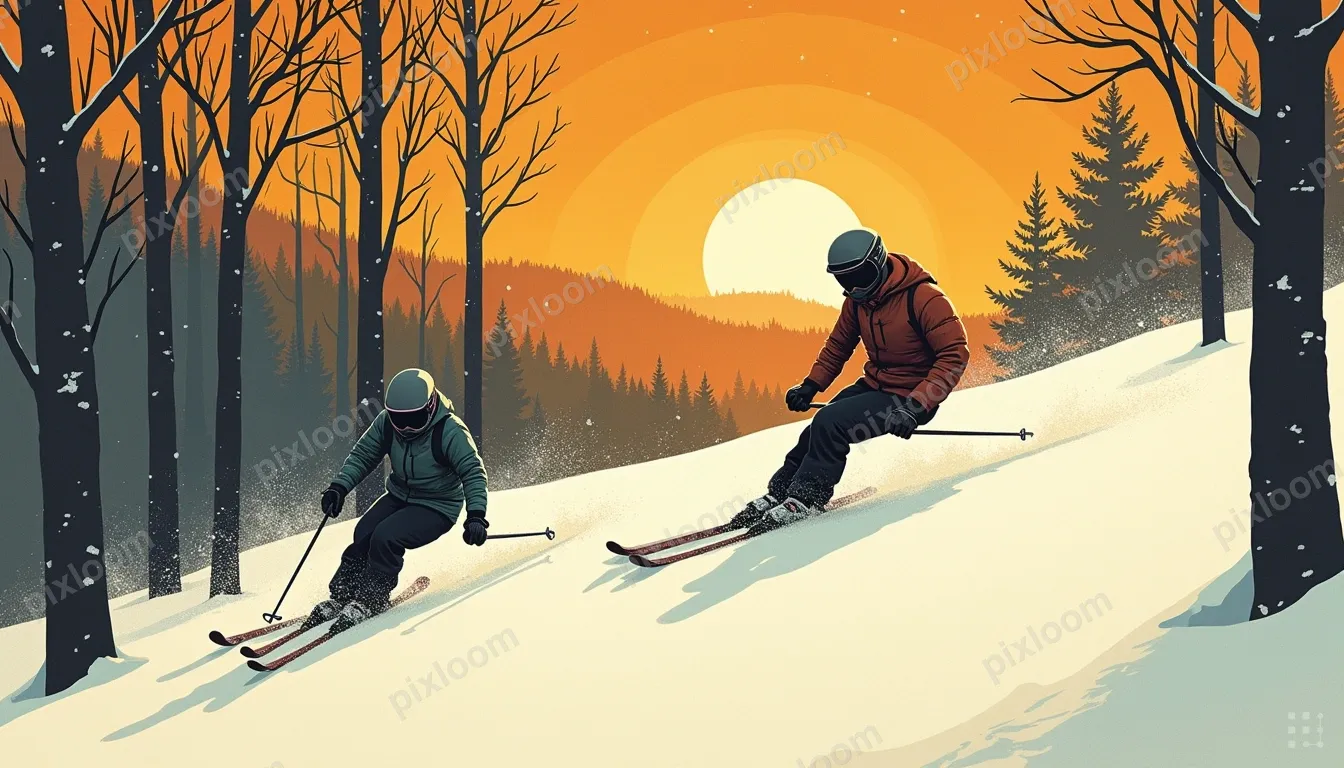 Two skiers descend a snow-covered forest trail between tall 
