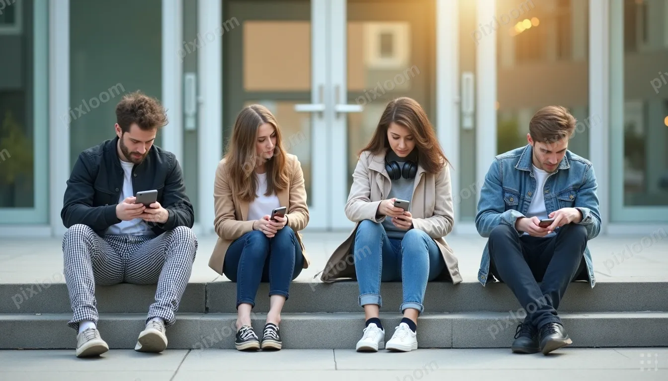 Four students sit on concrete steps outside a glass-front bu