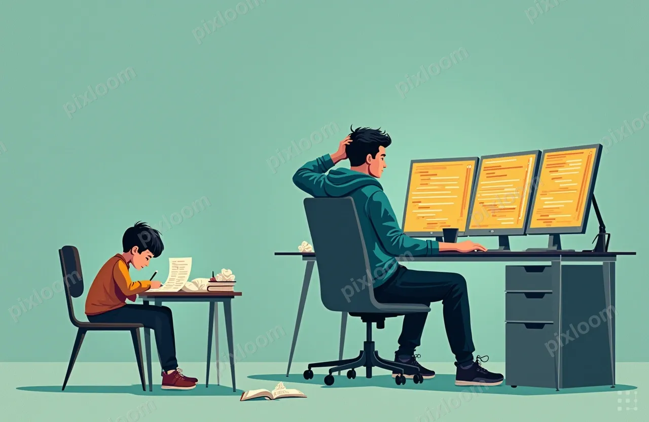 Flat vector illustration, cozy home office, warm soft natura