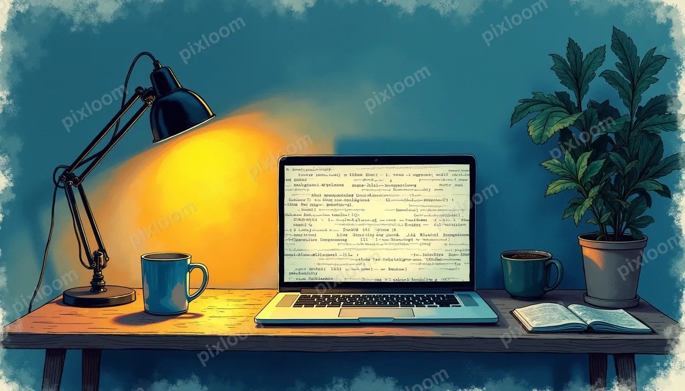 A laptop on a minimal desk at night. The screen glows with a