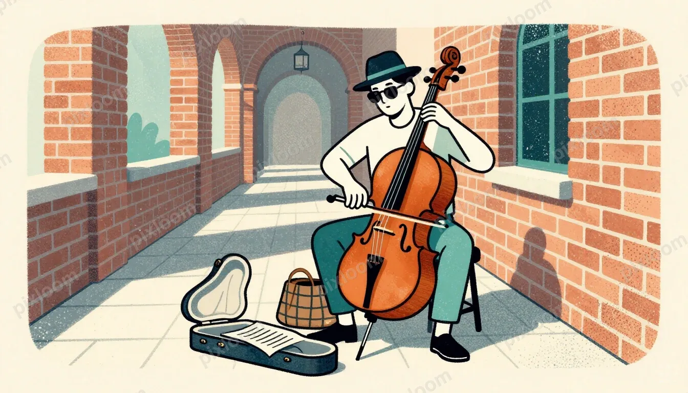A man in a hat and sunglasses sits on a low stool in a sunli