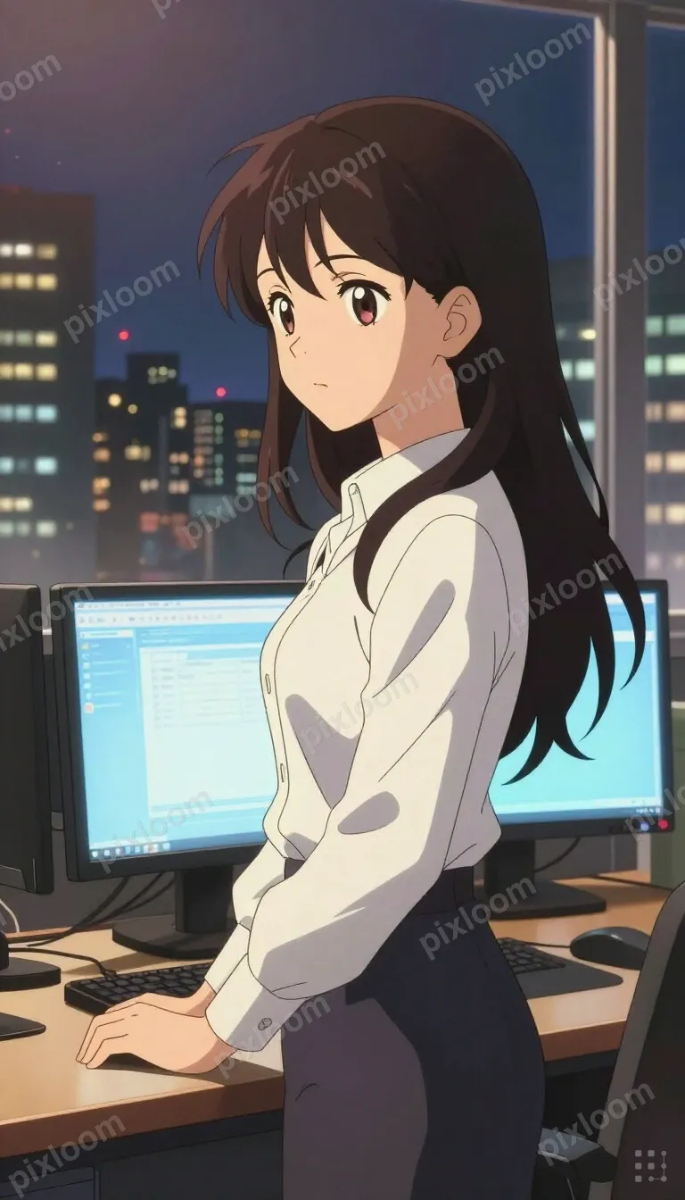 Anime-style young professional at a standing desk with dual 