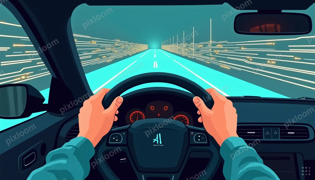 A person's hands gripping a steering wheel. Through the wind