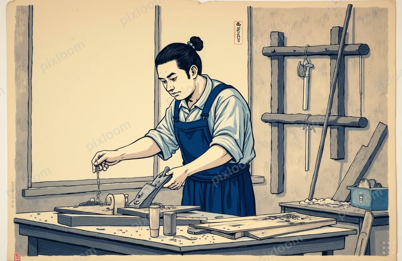 Woodworker in a workshop, sawdust in air, hand plane on timb