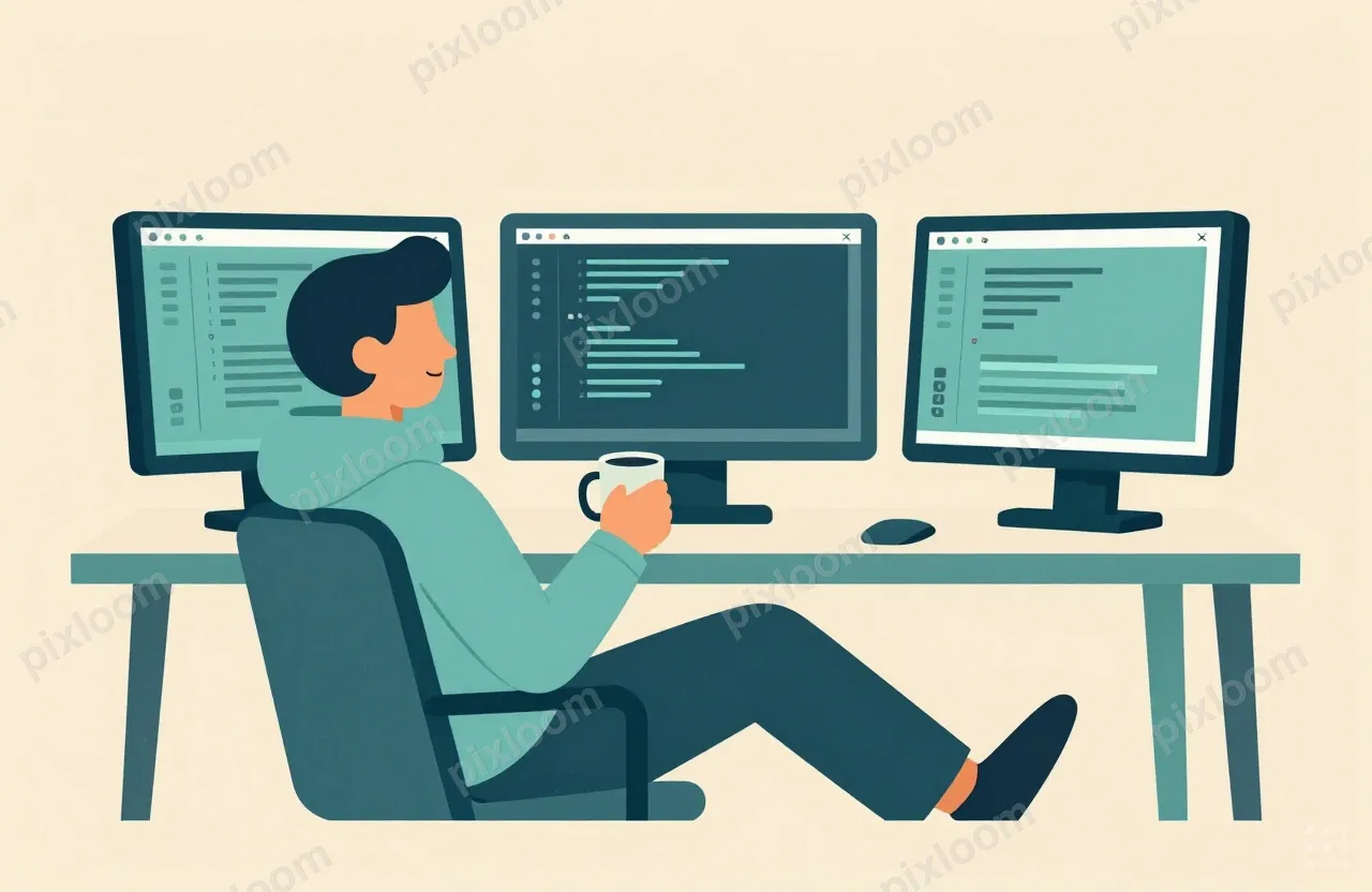 Relaxed engineer in a hoodie, leaning back in a chair, coffe