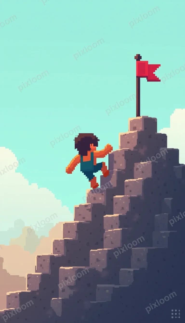 Pixel art character climbing a mountain of blocks, flag at s