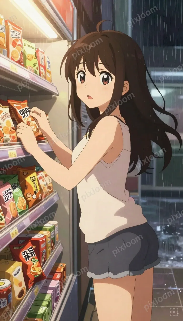 Anime-style girl at a convenience store, picking out snacks,
