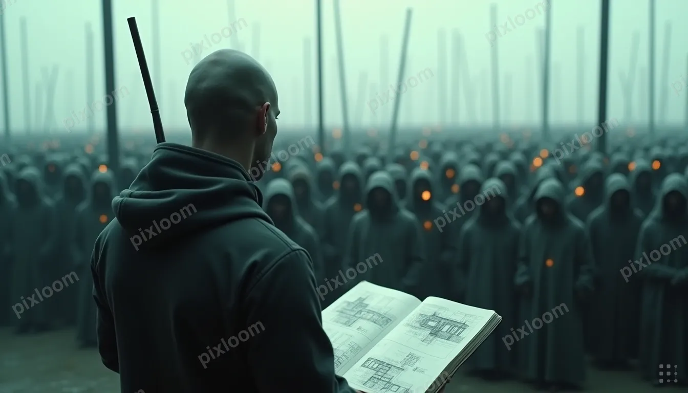 A man in a dark hoodie wearing raises a slender wand to addr