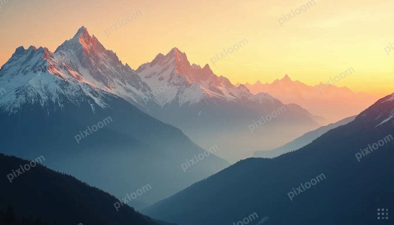 Mountain range at golden hour with dramatic peaks, mist fill