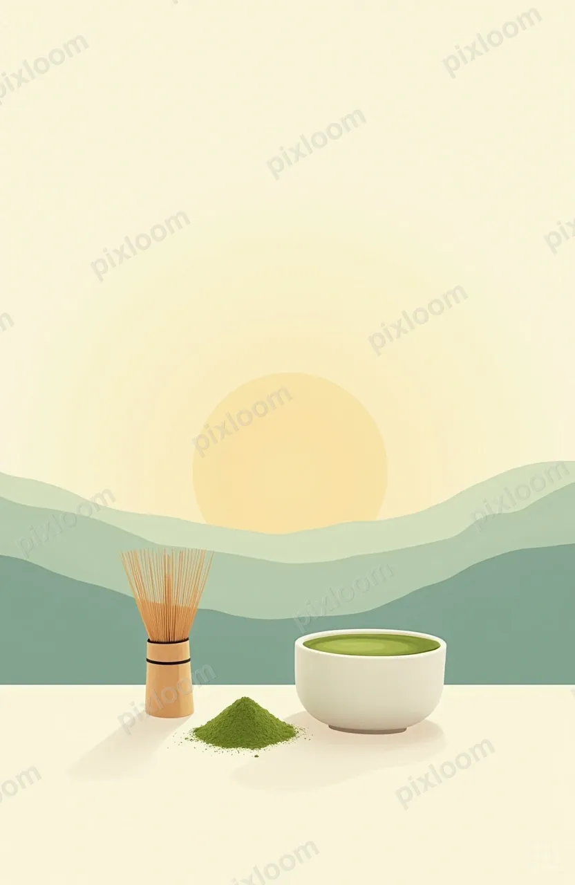 Matcha latte in handmade ceramic cup, bamboo whisk, matcha p