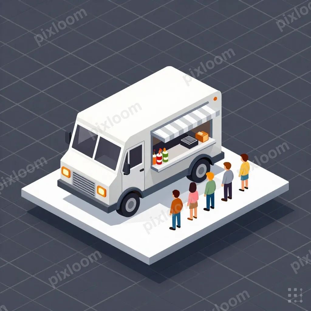 Isometric food truck with detailed interior — grill, condime