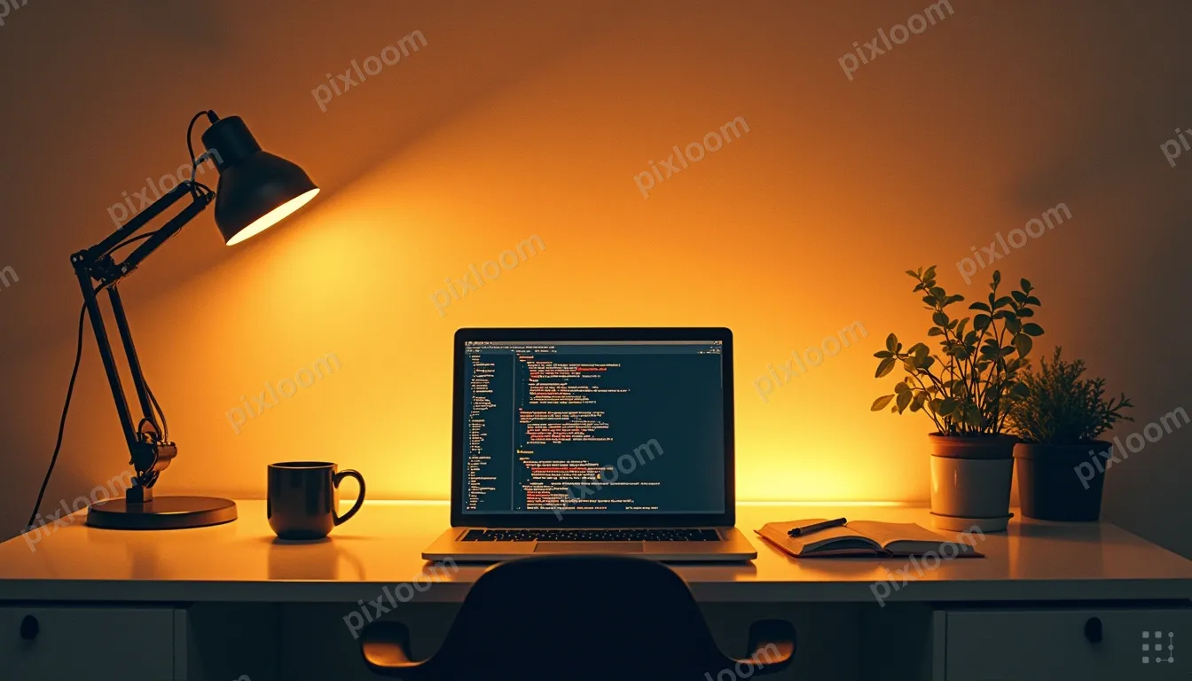 A laptop on a minimal desk at night. The screen glows with a