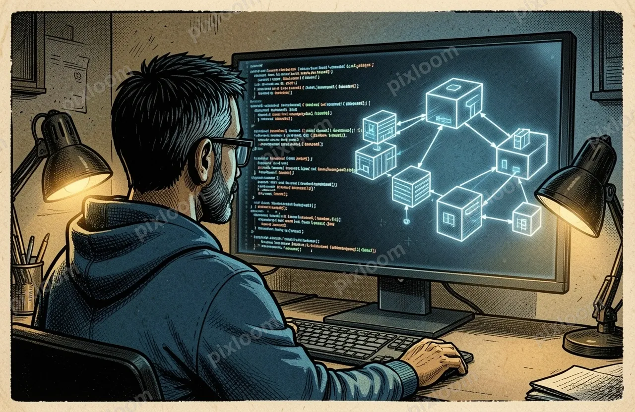 An engineer seen from behind, sitting at a desk at night, fa