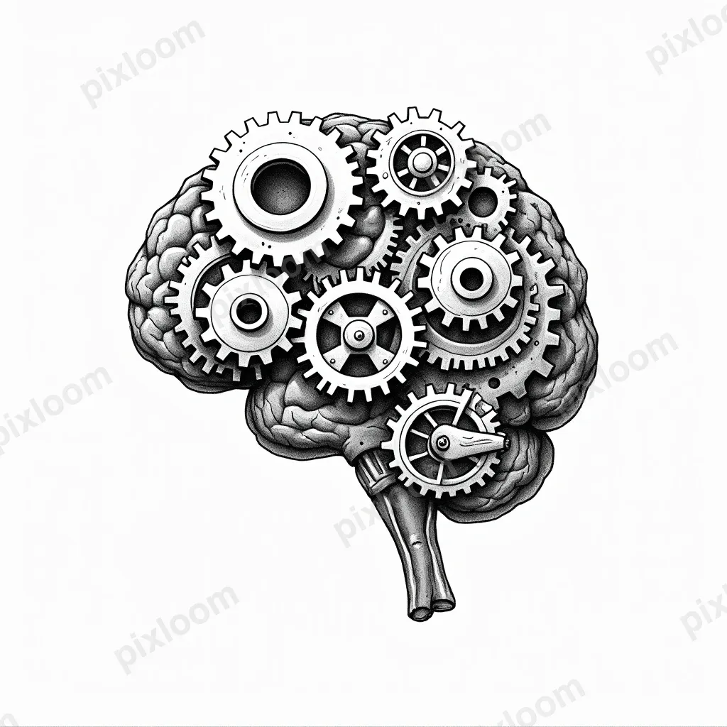 Line art of interlocking gears and cogs forming a brain shap