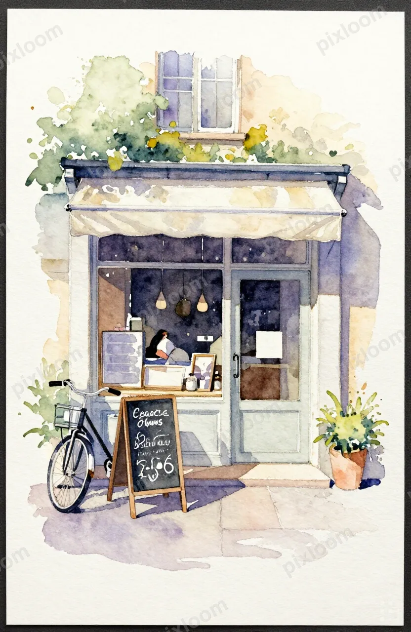 Watercolor painting of a small-town bakery storefront in the