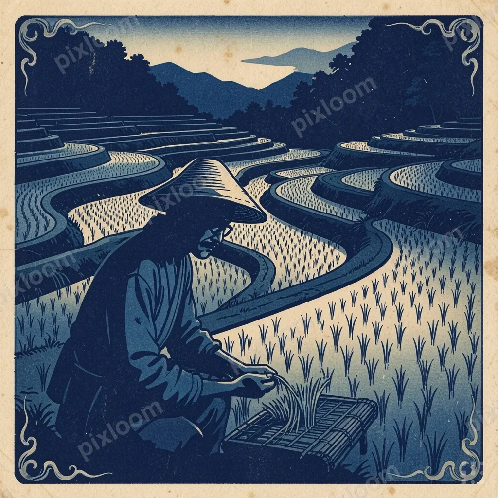 Woodblock print of a traditional farmer working terraced ric