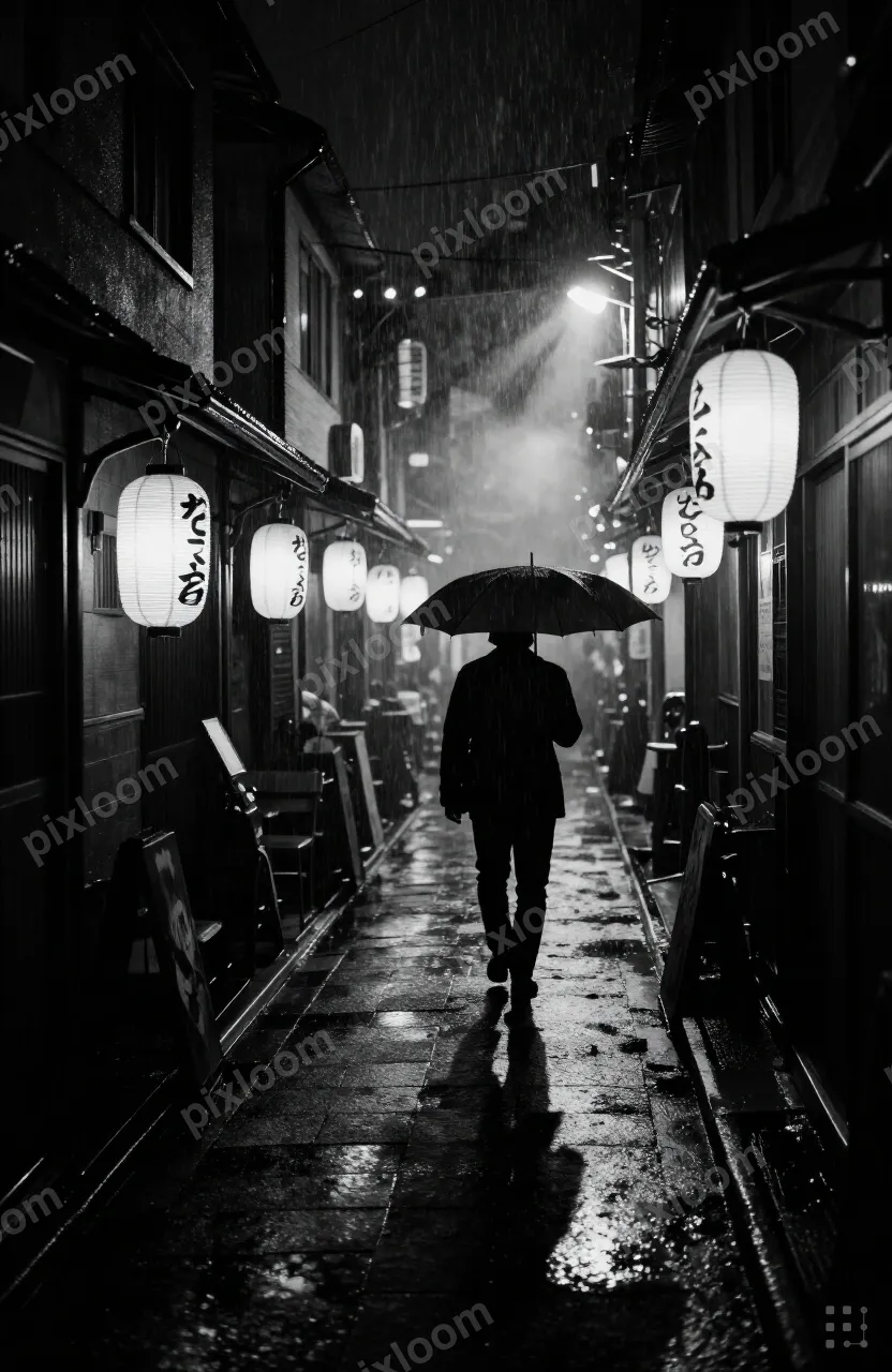 Moody rainy night in Tokyo's Golden Gai, narrow bar alley, l