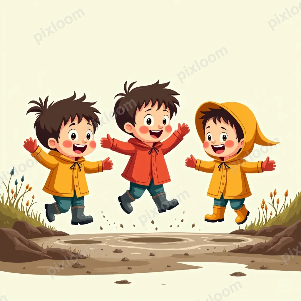 Children jumping in mud puddles after rain, wellies, raincoa