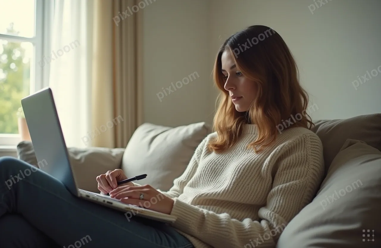 Person taking an online course on their couch, laptop on lap