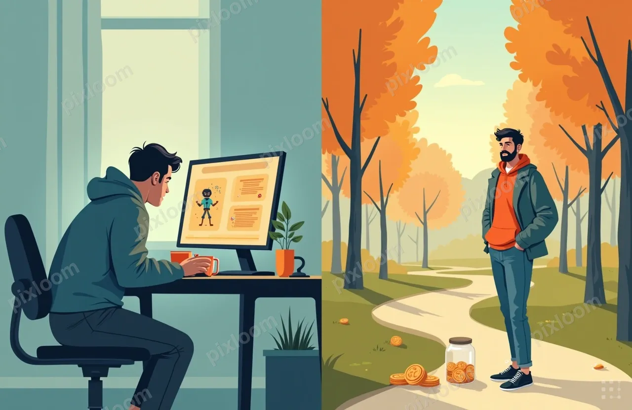 Two-panel split illustration, side by side, divided by a thi