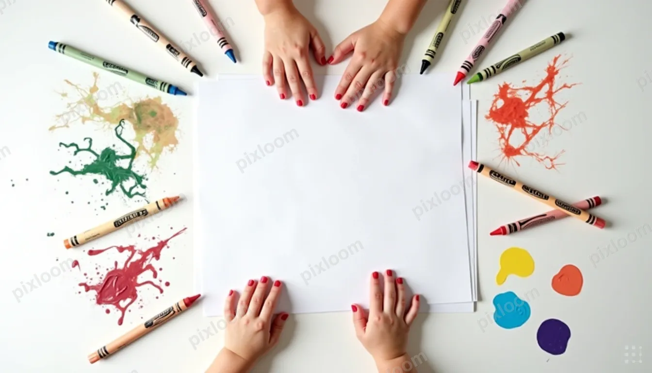 Product shot of children's art supplies — crayons, paint, pa