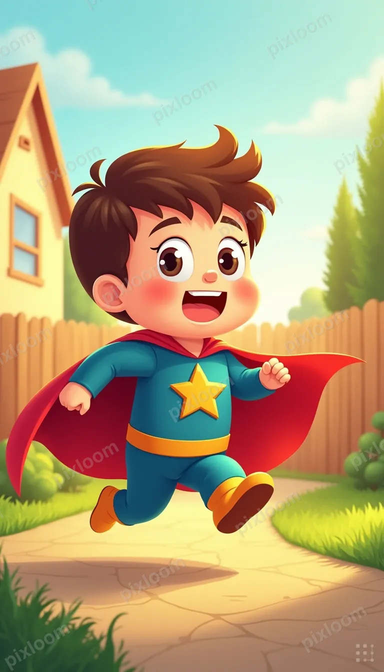 Kid dressed as a superhero, cape flowing, running through ba