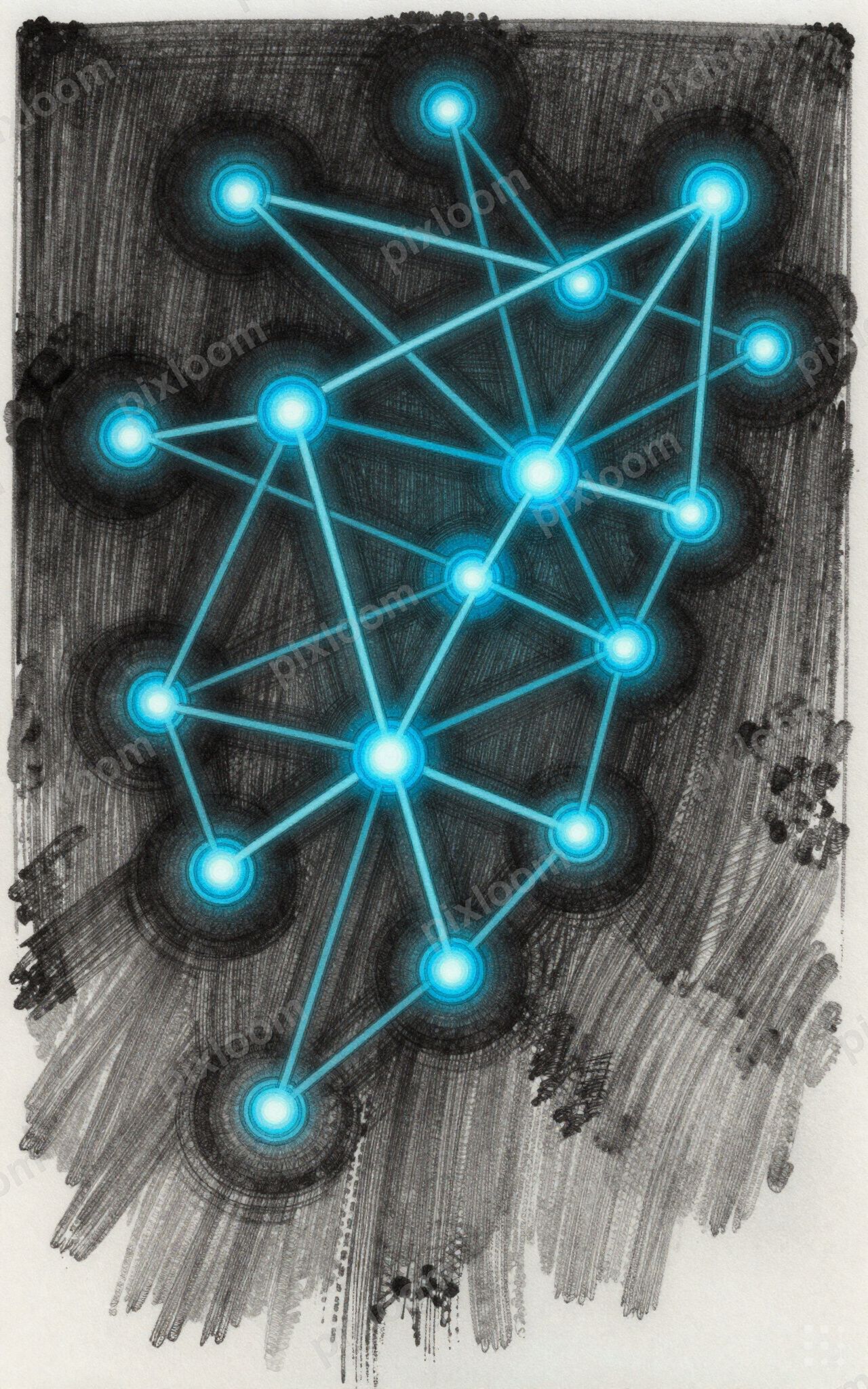 luminous network of connected nodes and pathways, deep teal 