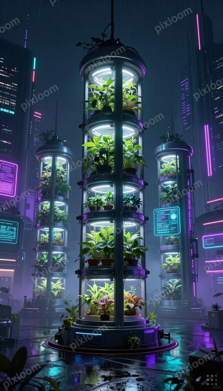 Cyberpunk-style vertical farm with grow lights, plants in hy