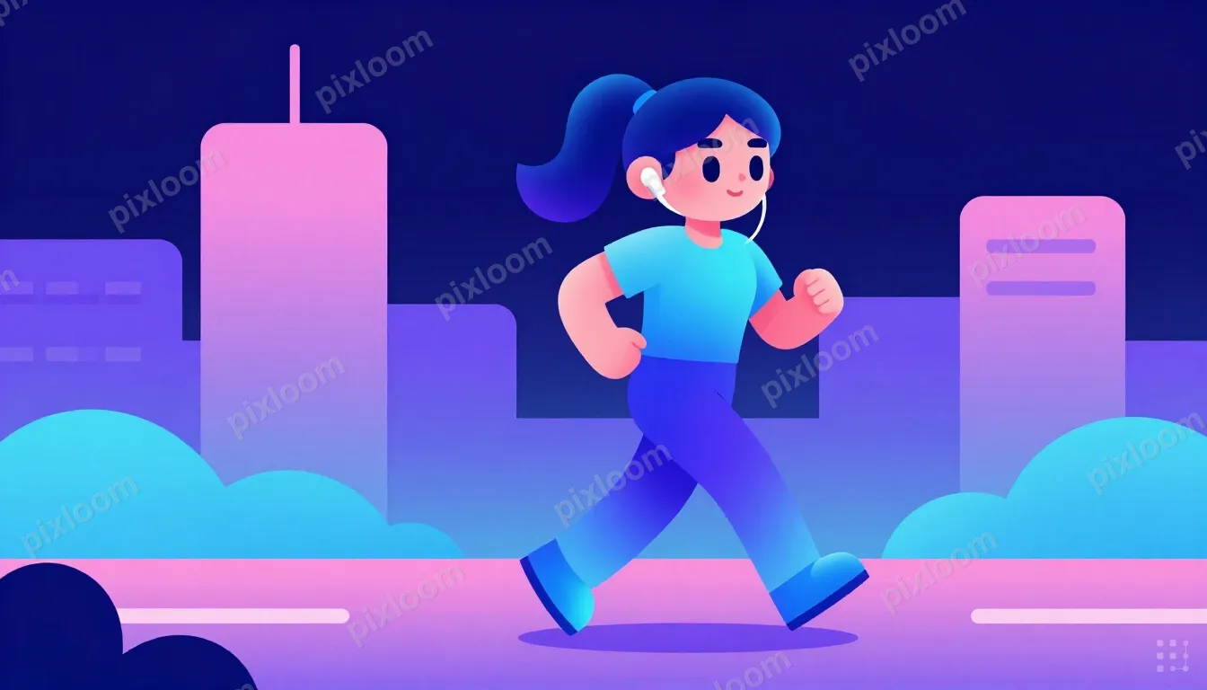 Woman running on a city trail at sunrise, earbuds in, determ