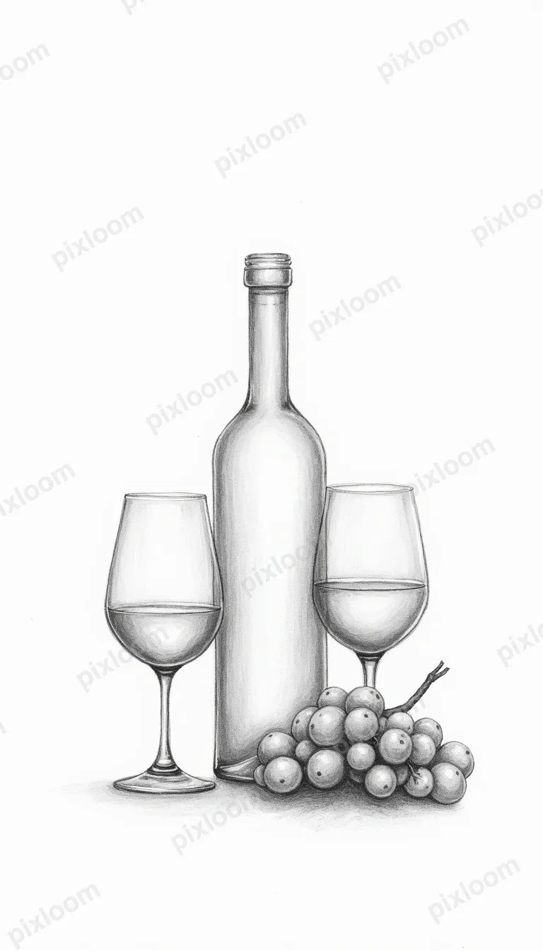 Pencil sketch of wine bottle, two glasses, and grape vine, d