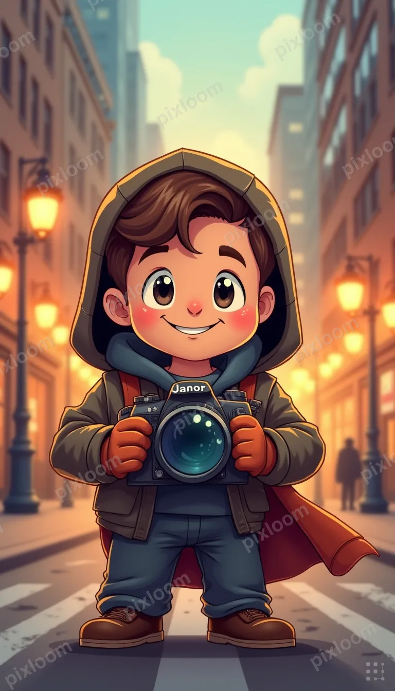 A smiling man in a hooded jacket and gloves holds a DSLR cam
