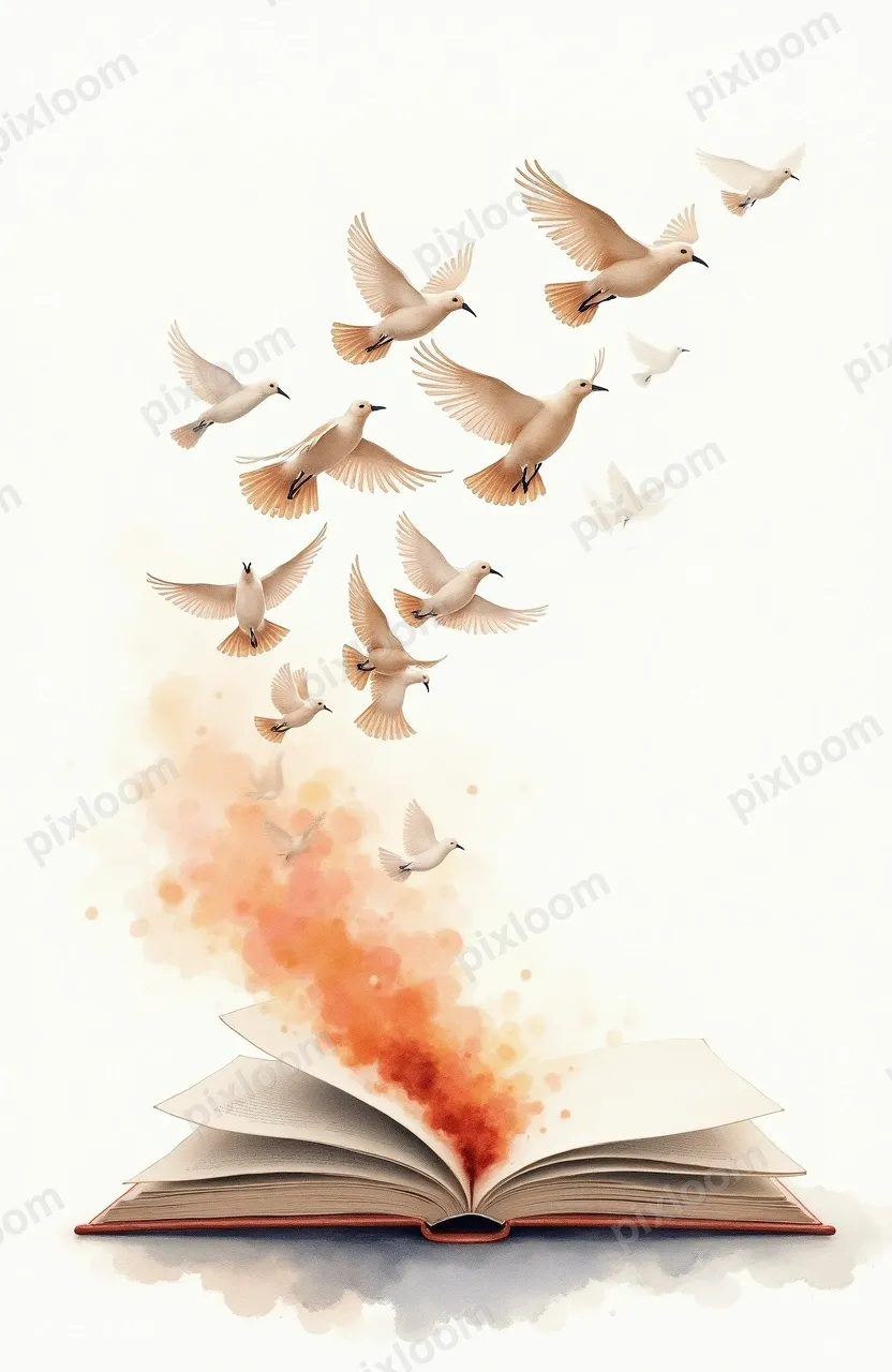 Open book with pages transforming into flying birds, imagina