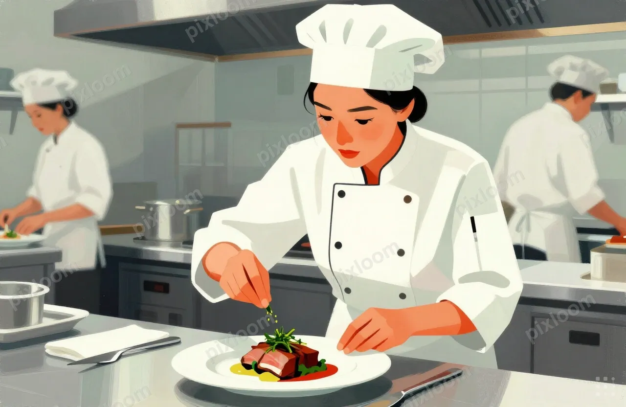A female chef in a chef's jacket and a head wrap garnishes a