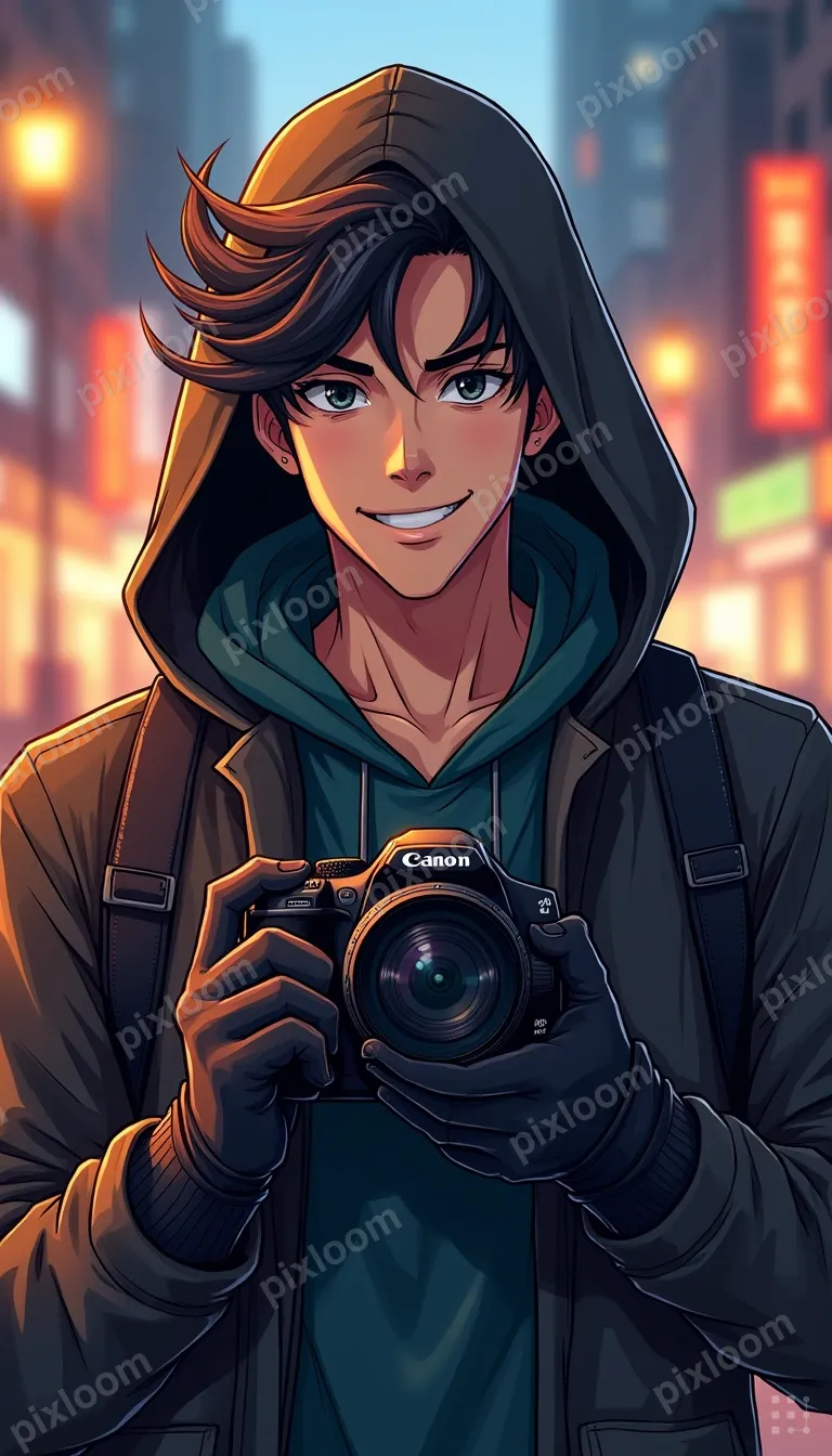 A smiling man in a hooded jacket and gloves holds a DSLR cam