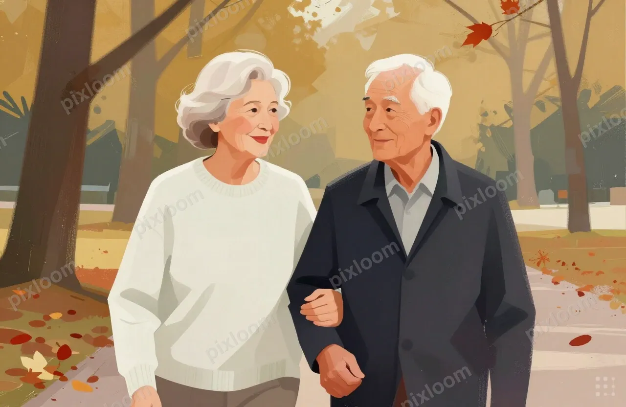 Elderly couple walking hand-in-hand in a park, autumn leaves